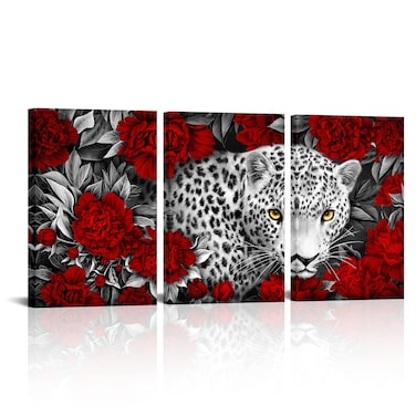 Kalormore 3 Pieces Wildlife Animal Canvas Wall Art Black and White Burgundy Red Leopard with Yellow Eyes in Blossom Poeny Flowers Painting Picture Framed and Stretched Artwork for Modern Living Room