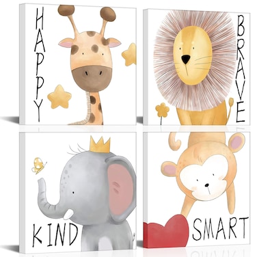 Visual Art Decor Lovely Animals Picture for Kids Bedroom Wall Decor Cute Elephant Monkey Lion Giraffe Canvas Poster Prints Gallery Wrapped on Wood Frame Ready to Hang for Child Nursery Wall Decoration