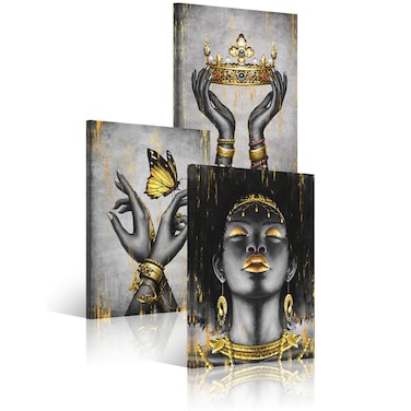 WELMECO Elegant African American Woman with Gold Crown Fashion Accessories Painting Giclee Prints Black Girl Canvas Poster Gallery Wrapped Artwork for Bedroom Living Room Makeup Room Decoration