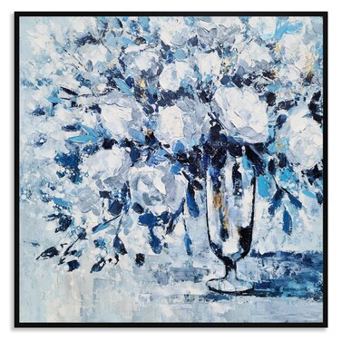 Yihui Arts Hand Painted Framed Blue Flower Canvas Wall Art with Gold Foil