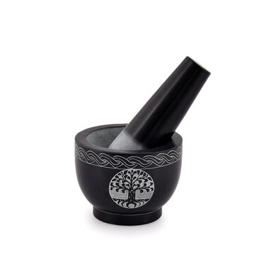 Samhita Tree of Life Natural Stone Mortar &amp; Pestle Mortar Diameter- 3.75"x 2.75" Pestle-5" x 1.5