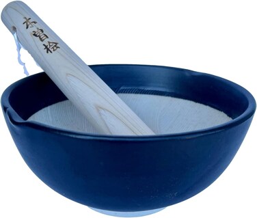 Made in Japan Ripple Ridge Mortar &amp; Pestle (Suribachi &amp; Surikogi) Set 6.6 inches, for Both Right and Left Handed, Mino Ware Pottery (Black)