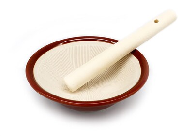 Suribachi &amp; Surikogi Set, Mortar and Pestle, Mini Ceramic Bowl with Natural Wood, Dishwasher Microwave Safe, Ideal for Grinding Sesame Seeds etc.