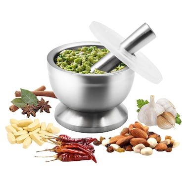 Brushed Stainless Steel Mortar and Pestle with Non-Skid Base and Silicone Lid Spices Herbs and Guacamole Grinder Pill Crusher Easily Crush Medicine Pills Tablets Vitamins to Fine Powder