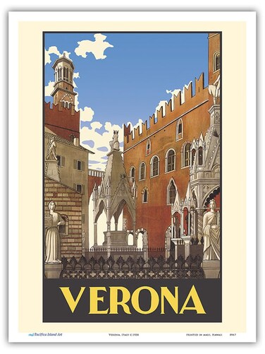 Verona Italy - Piazza delle Erbe Square - Vintage Travel Poster c.1938 - Master Art Print (Unframed) 9in x 12in