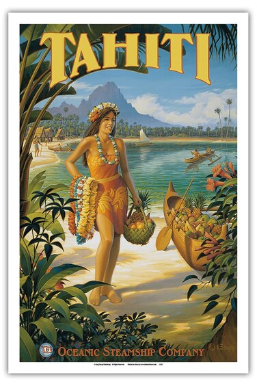 Tahiti - Oceanic Steamship Company - Tahitian Native with Fruit and Flower Leis - Vintage Ocean Liner Travel Poster by Kerne Erickson - Master Art Print (Unframed) 12in x 18in