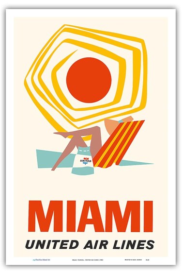 Miami Florida - United Air Lines - Vintage Airline Travel Poster c.1962 - Master Art Print (Unframed) 12in x 18in