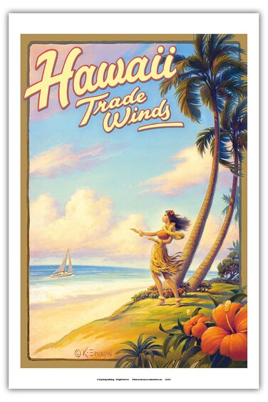 Hawaii Trade Winds - Hula Dancer - Vintage Hawaiian Travel Poster by Kerne Erickson - Master Art Print (Unframed) 12in x 18in