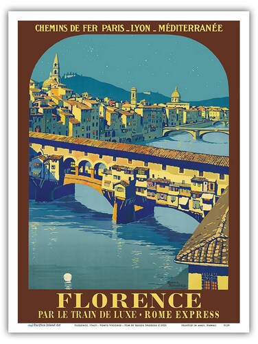 Florence Italy - FIRENZE Ponte Vecchio - Paris-Lyon-M&eacute;diterran&eacute;e (PLM) River Arno - Vintage Travel Poster by Roger Broders c.1921 - Master Art Print (Unframed) 9in x 12in