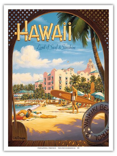 Hawaii Land of Surf &amp; Sunshine - Waikiki Beach - Royal Hawaiian Hotel - Vintage Hawaiian Travel Poster by Kerne Erickson - Master Art Print (Unframed) 9in x 12in
