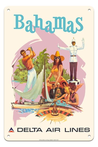 Bahamas Caribbean - Delta Air Lines - Vintage Airline Travel Poster by Fred Sweney c.1960s - 8 x 12 inch Vintage Metal Tin Sign