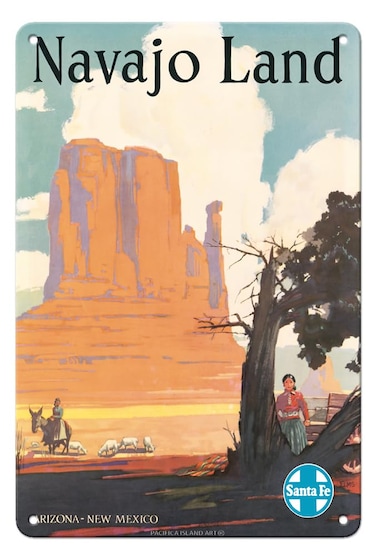 Navajo Land - Arizona New Mexico - Santa Fe Railroad - Navajo Nation Monument Valley - Vintage Railroad Travel Poster by Elms c.1954-8 x 12 inch Vintage Metal Tin Sign