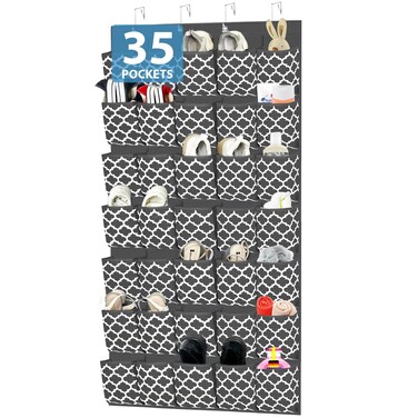 homyfort Over the Door Shoe Organizer - Shoe Rack Storage with 35 Extra Large Pockets &amp; Sturdy Hooks for Closet Kids Slippers, Baby boots, Women High Heels, Men Sneakers, Grey