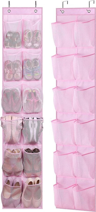 MISSLO Kids Over the Door Shoe Organizer Baby Hanging Shoe Rack Narrow Closet Storage bags with 12 Mesh Pockets for Girl Women Men Toddler Nursery, 2 Packs, Pink