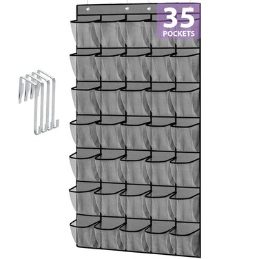 35 Large Pockets Over the Door Shoe Organizer, Extra Sturdy Oxford Fabric Hanging Shoe Rack for Door Closet, Wall Mesh Shoe Storage Holder for Mens Women Shoes (Grey)
