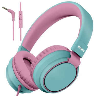 MIDOLA Volume Limited 85/110dB Kids Headphone Over-Ear/On-Ear Foldable Sound Noise Protection Headset with Inline AUX 3.5mm Cord w/Mic for Child School Cellphone Pad PC Notebook Cyan