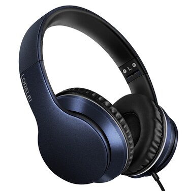 LORELEI X6 Over-Ear Headphones with Microphone, Lightweight Foldable &amp; Portable Stereo Bass Headphones with 1.45M No-Tangle, Wired Headphones for Smartphone Tablet MP3 / 4 (Dark Blue)