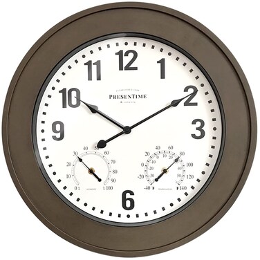 Presentime &amp; Co. 20" Bradford in/Outdoor Farmhouse Clock with Weather Thermometer &amp; Hygrometer, Weather Station, Farmhouse Wall Art and Timepiece for Farmhouse D&eacute;cor, Faux Barnwood Finish