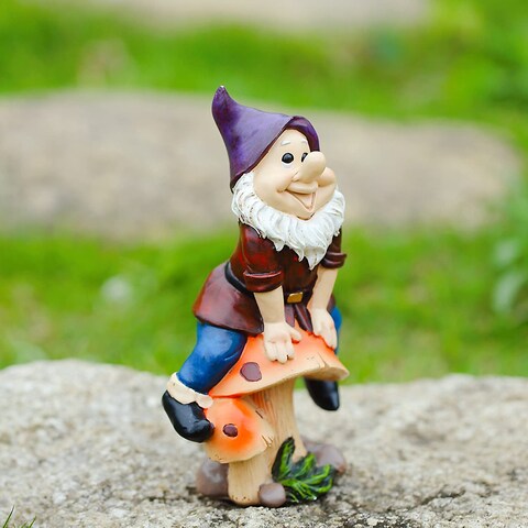 Jeelyfu Garden Gnome Statue Outdoor Decor Polyresin Gnome Sit on Mushroom 7.7&quot; Tall