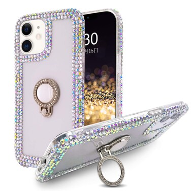 Bonitec Compatible with iPhone 11 Case - 3D Glitter Sparkle Bling Crystal Rhinestone Diamond Clear Protective Cover Kickstand Metal Finger Ring for Women Girls Cute Fashionable Anti-Scratch Non-Slip