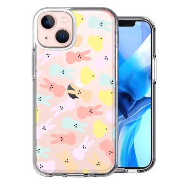 for Apple iPhone 13 Case Shockproof Hybrid Hard Soft Double Layer Protective Phone Cover, Anti-Yellowing - Pastel Easter Polkadots Bunny Chick Candies