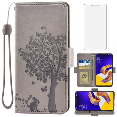 Asuwish Compatible with Asus ZenFone 5 ZE620KL Wallet Case and Tempered Glass Screen Protector Flip Purse Wrist Strap Credit Card Holder Stand Cell Phone Cover for Zen Fone 5Z ZS620KL Women Men Gray