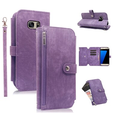Compatible with Samsung Galaxy S7 Edge Wallet Case 9 Card Slots Retro Leather Flip Credit Card Holder Cell Accessories Purse Lanyard Wrist Phone Cover for S7edge S 7 GS7 7s 7edge Women Men Purple