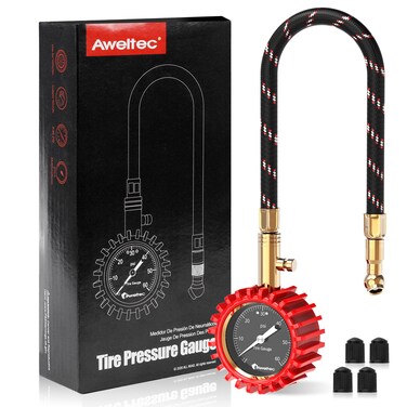 AWELTEC Tire Pressure Gauge 0-60 PSI Long Hose - Heavy Duty Tire Gauge High Accurate with Large 2 Inch Easy to Read Glow Dial, Low &ndash; High Tire Gauge for Car, SUV &amp; Truck Tires