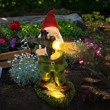 PERFECTOP Solar Military Garden Gnome Statue with RPG, Large War Army Combat Defender Soldier Patriotic Gnome Figurine with Gun, Outdoor Patio Yard Lawn Home Ornament Decor, Valentine's Day Men Gift