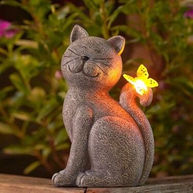 Philodwell Garden Decor Solar Cat Statues: Outdoor Sculptures with Glowing Butterfly for Lawn Ornaments Yard Art Porch Patio Balcony - Gifts for Mom Grandma Women