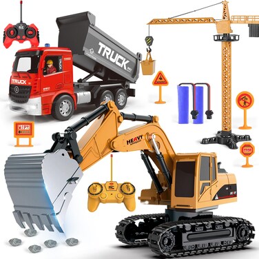 Leopmase Remote Control Excavator and Dump Truck Toy Set - RC Excavator and Dump Truck with Lights and Sounds - Rechargable Digger Car, Construction Vehicles Toy Set Gifts for Boys Kids