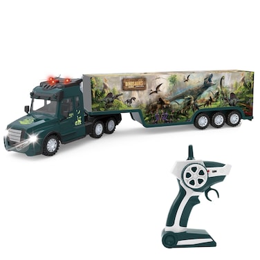 Leopmase RC Semi Truck with Trailer, Dinosaurs RC Semi-Trailer Engineering Tractor w/Sound and Colorful Lights, 2.4Ghz Remote Control Flatbed Truck Toys, RC Construction Vehicles Toy for Boys