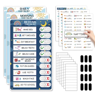 Upgraded Slider 3 in 1 Bedtime/Morning/Daily Routine Chart for Kids, Magnetic Chore Chart for Kids, Visual Schedule for Kids Toddlers Schedule Board for Home