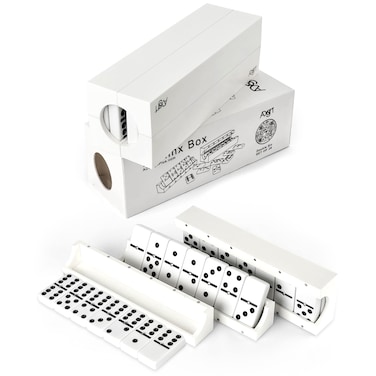 Domino Game Set of 28   Professional Double 6s   Multi-use Box   Trays to Stand Tiles   by ADesign+ (White Platic)