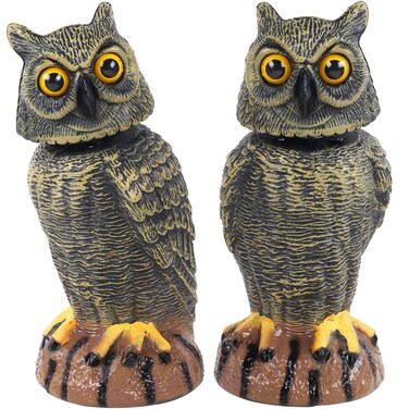 Hausse 2 Pack Bird Scarecrow Fake Owl Decoy Sculpture, 10.6 Inch Height Golden Rotating Head Plastic Owl Bird Deterrents, Nature Enemy Horned Pest Repellent for Outdoor Garden Yard