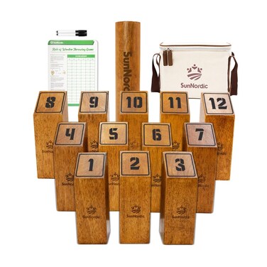 SunNordic Wooden Throwing Game Set, Numbered Block Toss Games with 1 x Scoreboard,12 x Premium Rubber Wood Pins &amp; 1 x Dowel, Outdoor Backyard Lawn Bowling Yard Game for Kids, Adults &amp; Family