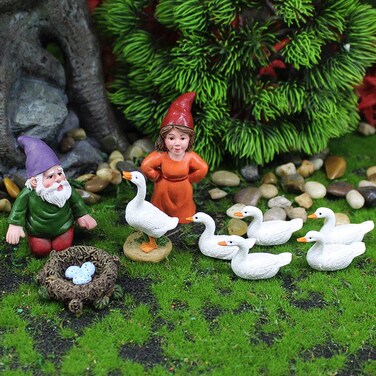 Fairy Tale Garden Accessories, Miniature Gnome Statue and Large White Goose Statue 9 Pieces Set, Garden Gnome Statue for Planter Decoration, Home Decoration, Fairy Tale Garden
