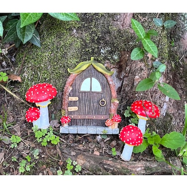 Cliocoo Fairy Door and Mushrooms for Trees, Glow in The Dark Gnome Home Door, Garden Tree Decor Kit with Adorable Mushrooms (Fairy Door with Mushrooms)