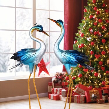 Shorayn Metal Crane Garden Statue, Garden Sculptures &amp; Statues, Crane Ornaments Yard Art for Backyard Patio Lawn Decorations (Blue)