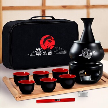 Japanese Sake Set with Warmer   11 pc   6 sake cups only   non electric sake warmer   sake bottle   candles   lighter   bamboo sake flight tray for sake cup set   bomb gift kit for chinese sake set