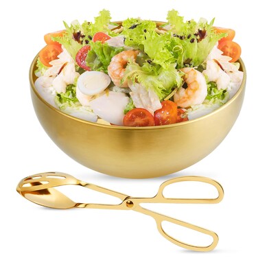 Supkiir Stainless Steel Salad Bowls with Gold Salad Tong, 9.8&rdquo;&times;4.5&rdquo; 51oz Gold Kitchen Mixing Bowl, Large Serving Bowl Nesting Bowls for Mixing Cooking Baking Prepping Salad Soup Fruit