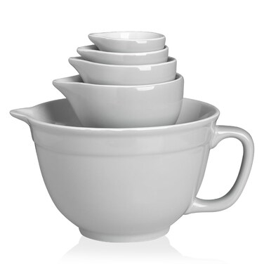 Sweejar Porcelain Mixing Bowl with Scale, Ceramic Serving Container for Kitchen, Nesting Bowl with Handle, Using for Baking, Prepping, Cooking, Lead-Free, Set of 5(Gray)