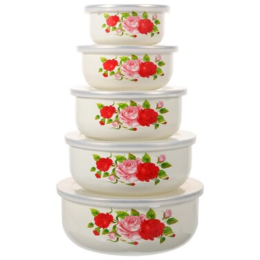 DOITOOL 5pcs Enamel Covered Bowl Food Containers Soup Bowls with Lids Containers for Food Fruits Salad Bowl Food Prep Bowls Rice Bowl Metal Bowls with Lids Metal Mixing Bowls with Lids Egg