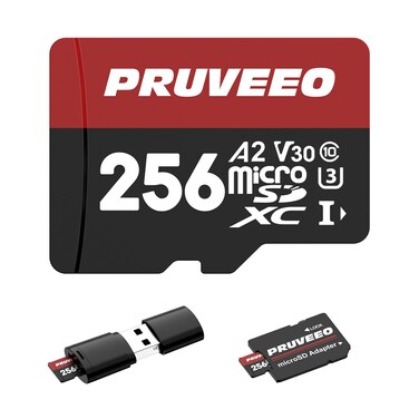 PRUVEEO 256GB A2 U3 V30 4K UHD High Speed Micro SDXC Memory Card with Adapter and Card Reader for Dash Cam Smartphones Tablets Cameras, 1500 Write and Erase Cycles