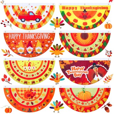 8 Pcs Thanksgiving Fall Bunting Flag for Outdoor Porch Party Decor Pumpkin Turkey Pleated Hanging Fan Flag with Canvas Header and Metal Grommet Half Halloween Fan Banner, 1.5 x 3 Feet (Pumpkin Style)