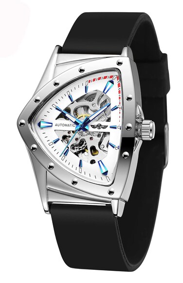FANMIS Men's Sport Style Watches Transparent Mechanical Triangle Skeleton Silicone Automatic Wristwatch (White)