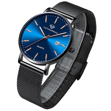 INTIMEMATE Men's Black Watch Analog Wristwatch with Day Date, 41mm Diameter, Stainless Steel Band, Waterproof up to 30M
