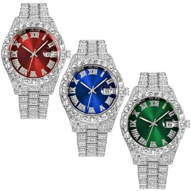 CdyBox Men Hip Hop Watch with Roman Scale Calendar Crystal Rhinestone Watches Stainless Steel Iced-Out Wrist Watch Wholesale 3 Pack