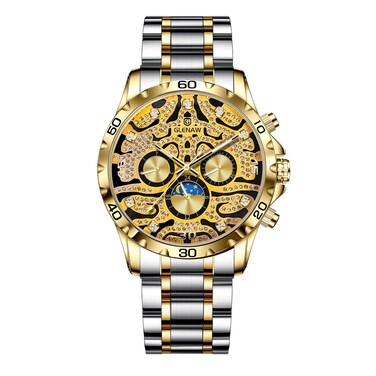 GLENAW Automatic Watches for Men, Tiger Dial Rhinestone Scale Men's Waterproof Watch Stainless Steel Strap Gold Pattern 12 Hours Week Mechanical Watch