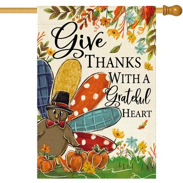 Baccessor Thanksgiving House Flags 28x40 Inch, Give Thanks with a Grateful Heart Double Sided Burlap Be Thankful Turkey Fall Yard Flag Decorative for Happy Harvest Autumn Garden Outdoor Decor